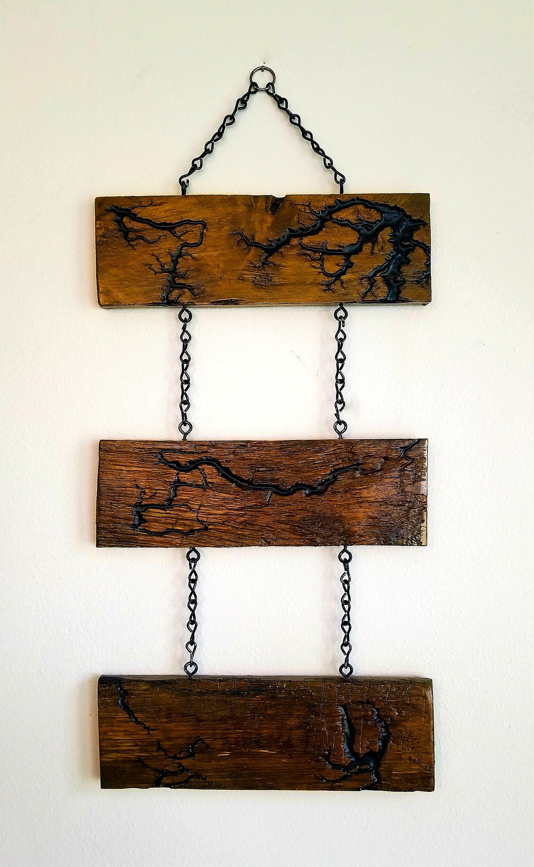Lichtenberg burned green wood chained triptych